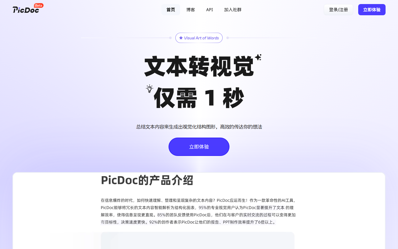 PicDoc-AI文本转视觉工具，1秒生成可视化信息图